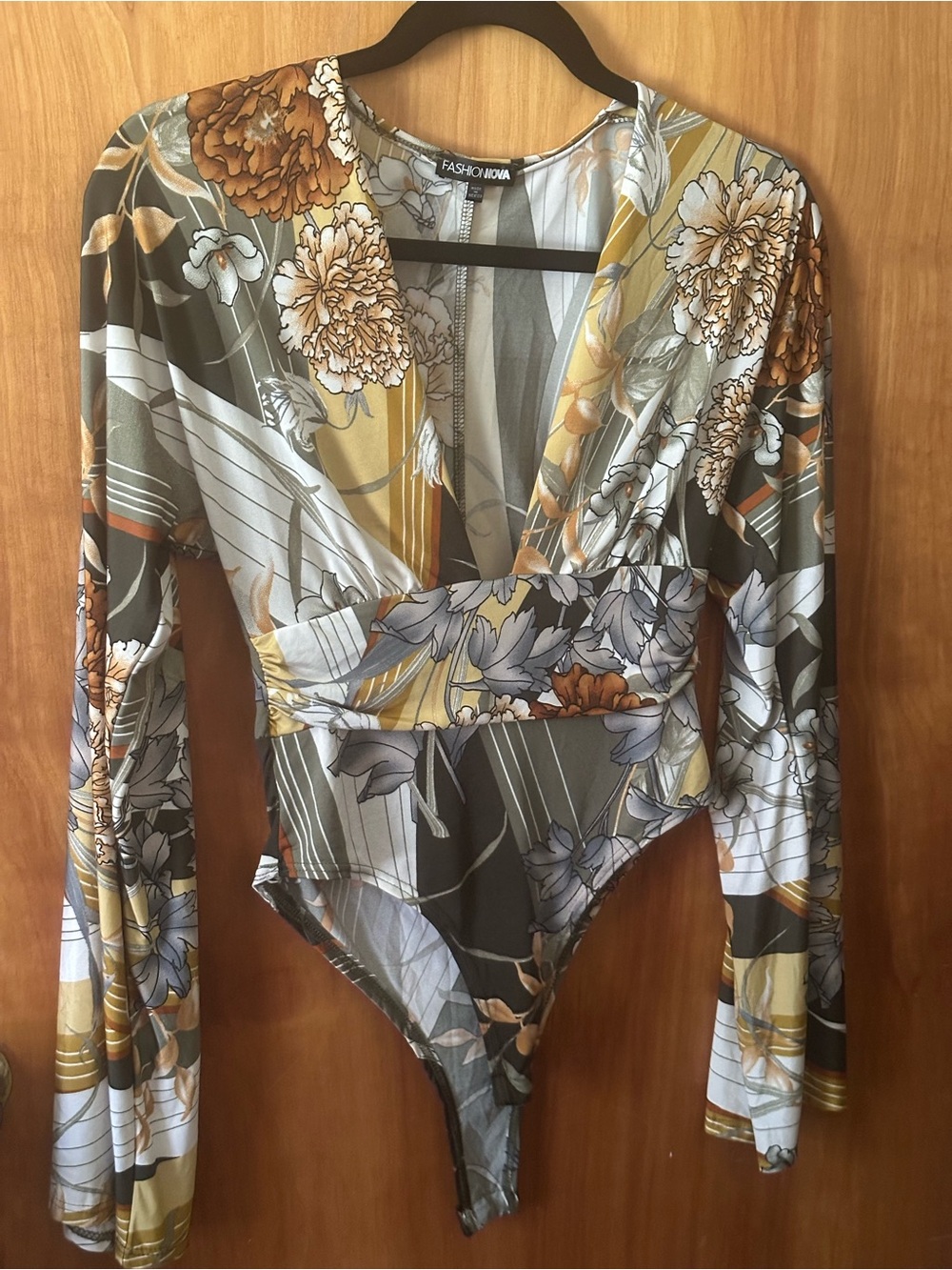 Fashion Nova Floral Plunge Long Sleeve Bodysuit - Olive & Mustard